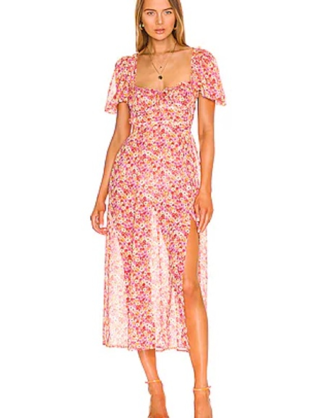 For Love & Lemons Felicia Pink Floral Midi Dress with Puff Sleeves